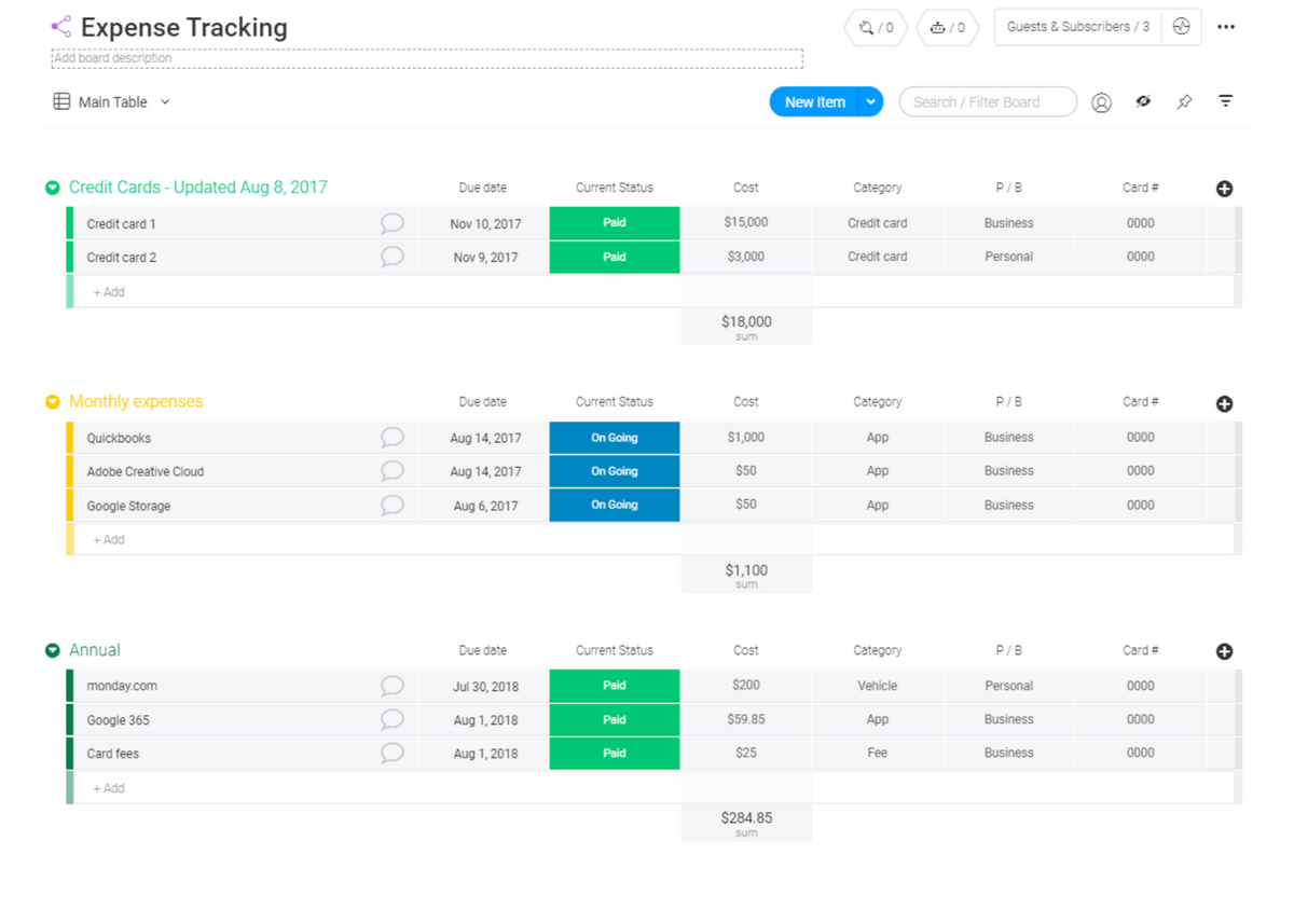 Screenshot of monday.com expense tracking template